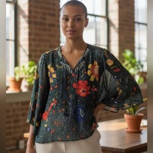 Kobi Halperin Small 100% Silk Red and Black Floral Blouse 3/4 Sleeve